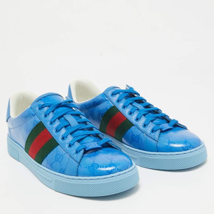 Pre Owned Gucci Blue GG Canvas and Leather Ace Lace Up Sneakers Size 42