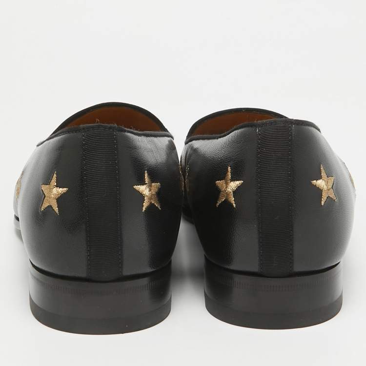 مملوكة مسبقًا Gucci Black Leather Embroidered Bee and Star Slip On Loafers Size 44