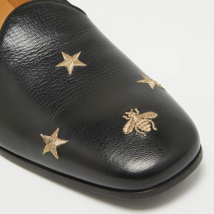 مملوكة مسبقًا Gucci Black Leather Embroidered Bee and Star Slip On Loafers Size 44