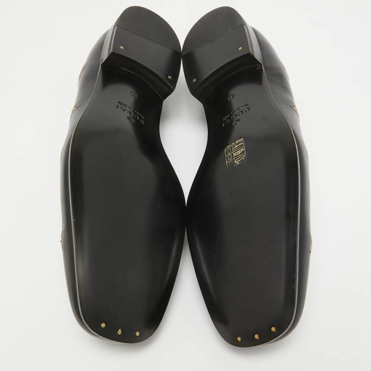 مملوكة مسبقًا Gucci Black Leather Embroidered Bee and Star Slip On Loafers Size 44