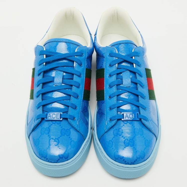 Pre Owned Gucci Blue GG Crystal Canvas Web Detail Ace Low Top Sneakers Size 44