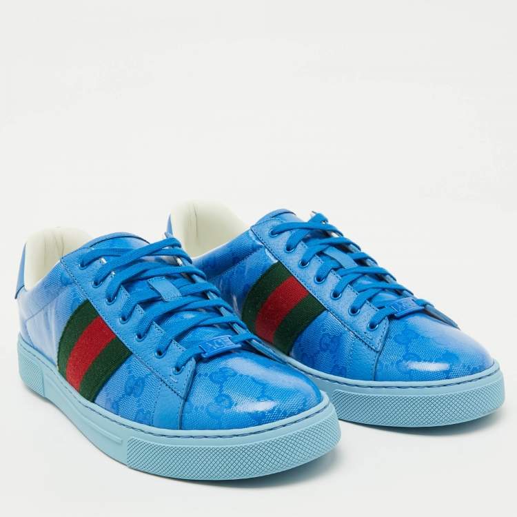 Pre Owned Gucci Blue GG Crystal Canvas Web Detail Ace Low Top Sneakers Size 44