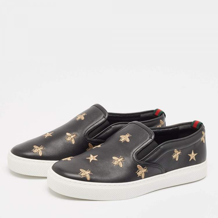 Pre Owned Gucci Black Leather Bees Slip On Sneakers Size 40