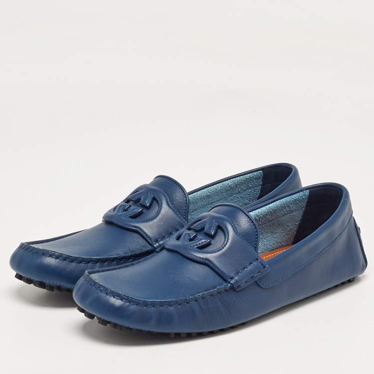 Pre Owned Gucci Blue Leather Interlocking G Loafers Size 43.5
