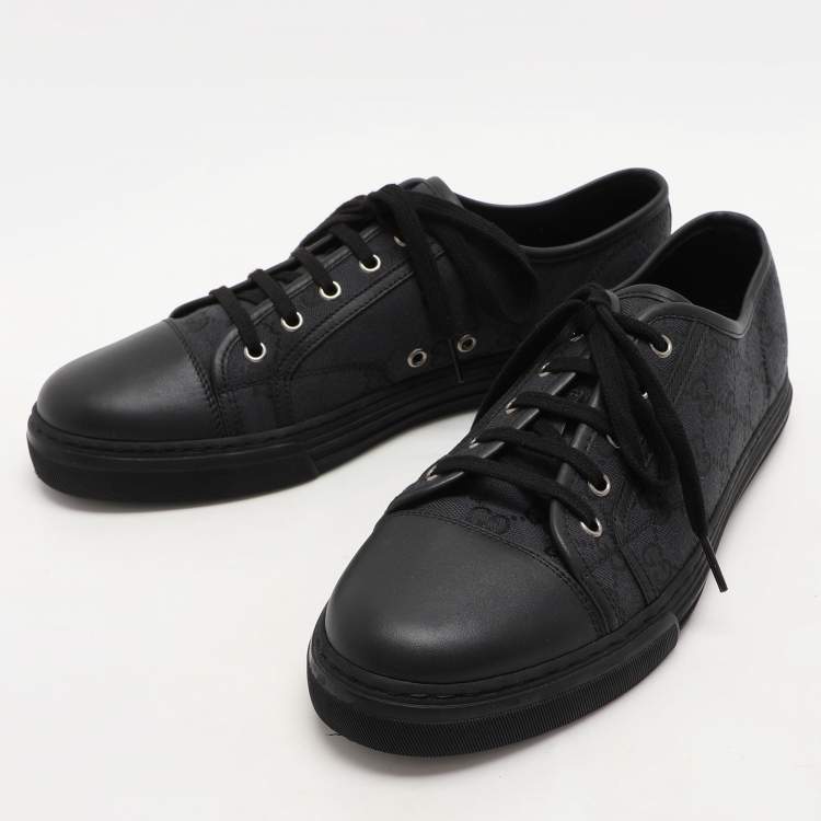 Pre Owned Gucci Black Canvas and Leather Trainers Low Top Sneakers Size 43.5