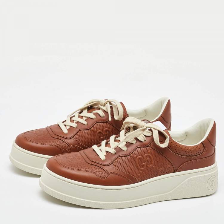 Pre Owned Gucci Brown Jumbo GG Embossed Leather Low Top Sneakers Size 43
