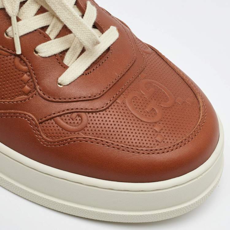 Pre Owned Gucci Brown Jumbo GG Embossed Leather Low Top Sneakers Size 43