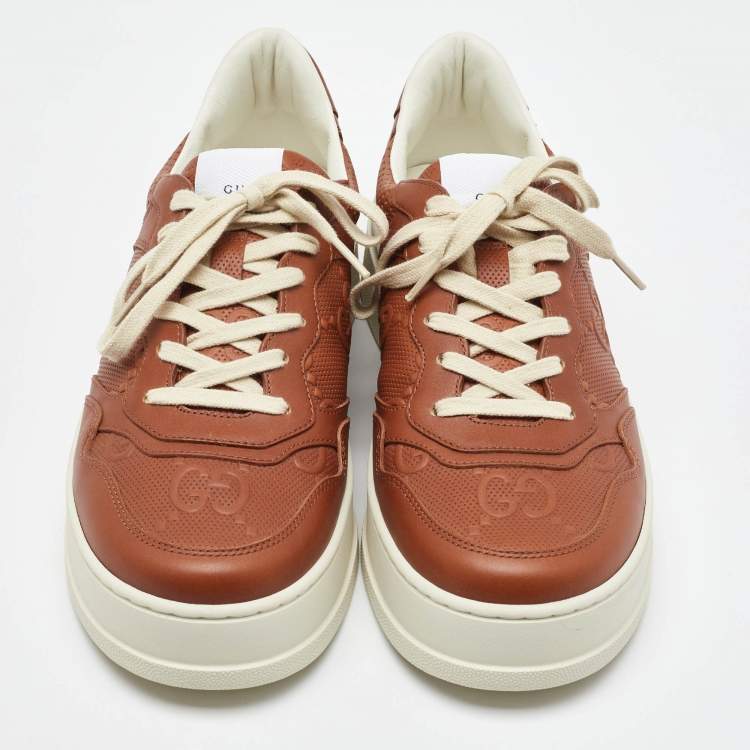 Pre Owned Gucci Brown Jumbo GG Embossed Leather Low Top Sneakers Size 43