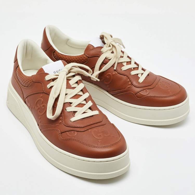 Pre Owned Gucci Brown Jumbo GG Embossed Leather Low Top Sneakers Size 43