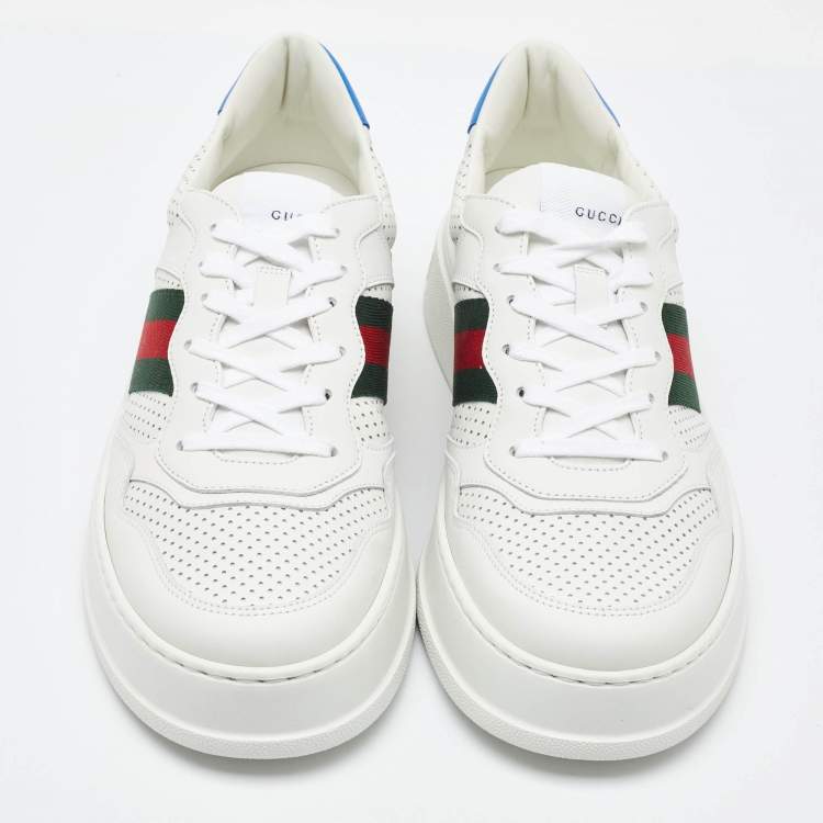 Pre Owned Gucci White Leather Web Trainer Low Top Sneakers Size 45