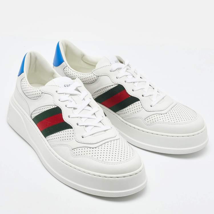Pre Owned Gucci White Leather Web Trainer Low Top Sneakers Size 45
