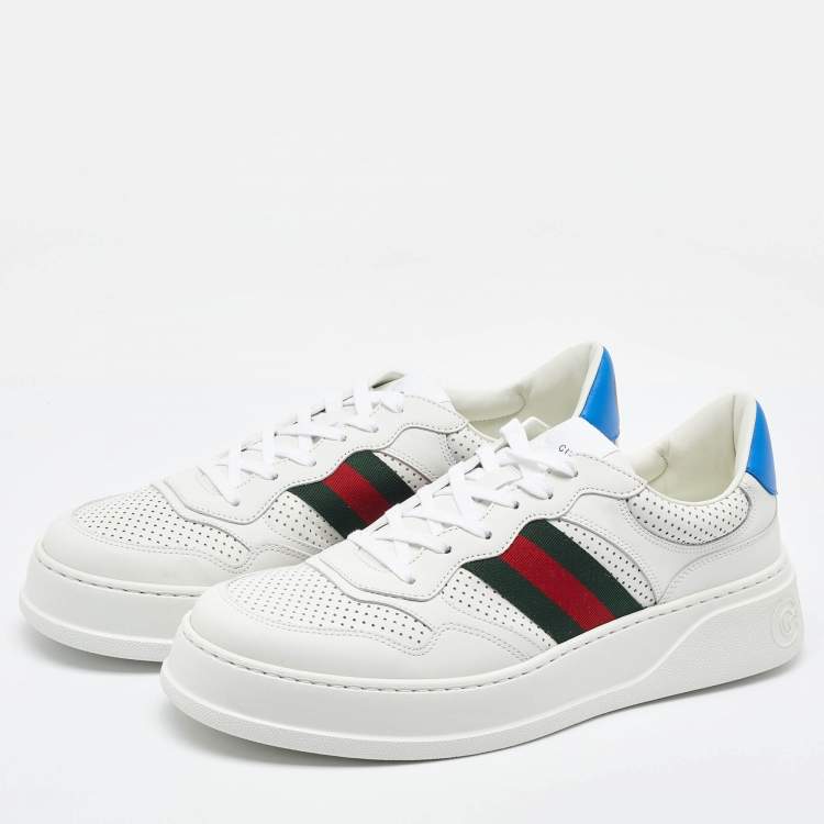 Pre Owned Gucci White Leather Web Trainer Low Top Sneakers Size 45