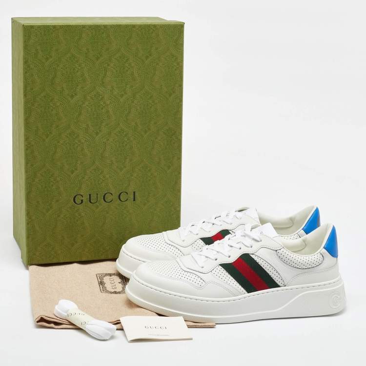 Pre Owned Gucci White Leather Web Trainer Low Top Sneakers Size 45