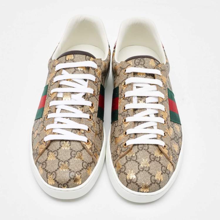 Pre Owned Gucci Beige/Brown GG Supreme Canvas Ace Bee Print Lace Up Sneakers Size 45