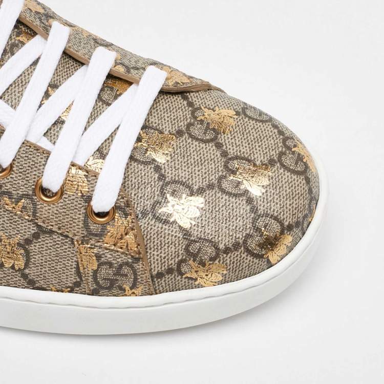 Pre Owned Gucci Beige/Brown GG Supreme Canvas Ace Bee Print Lace Up Sneakers Size 45