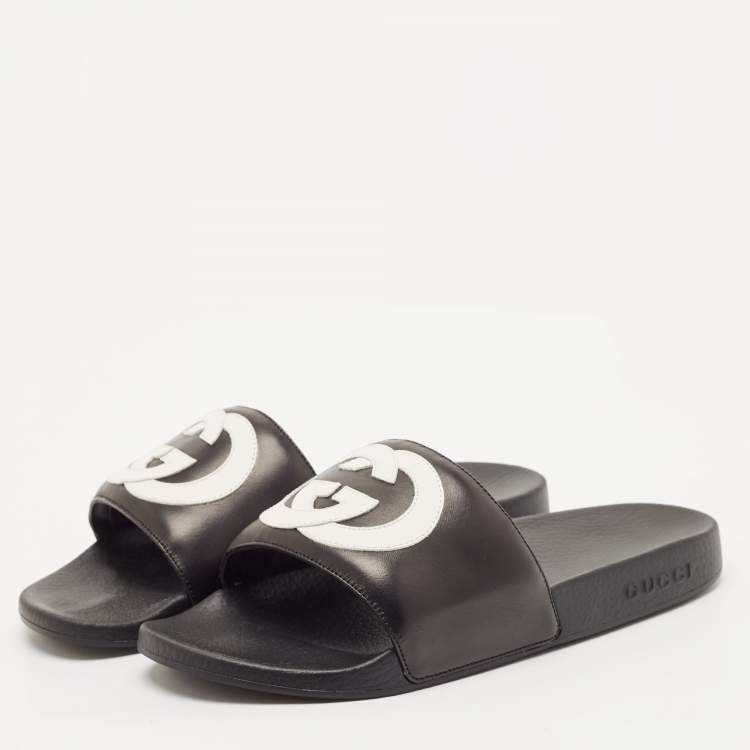 Pre Owned Gucci Black/White Leather Interlocking G Pool Slides Size 42