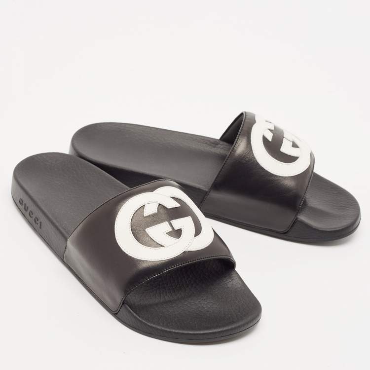 Pre Owned Gucci Black/White Leather Interlocking G Pool Slides Size 42