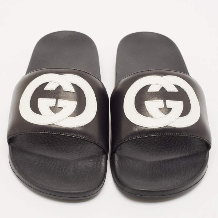 Pre Owned Gucci Black/White Leather Interlocking G Pool Slides Size 42