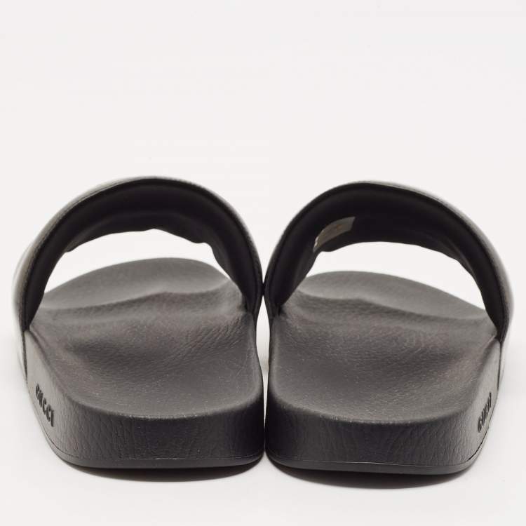 Pre Owned Gucci Black/White Leather Interlocking G Pool Slides Size 42