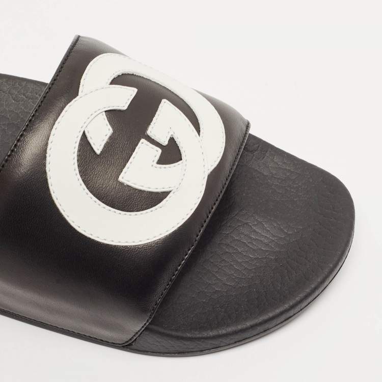 Pre Owned Gucci Black/White Leather Interlocking G Pool Slides Size 42