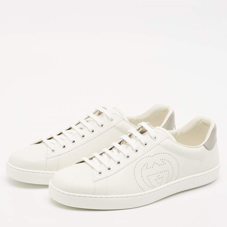 Pre Owned Gucci White/Grey Leather Perforated Interlocking G Ace Low Top Sneakers Size 44.5