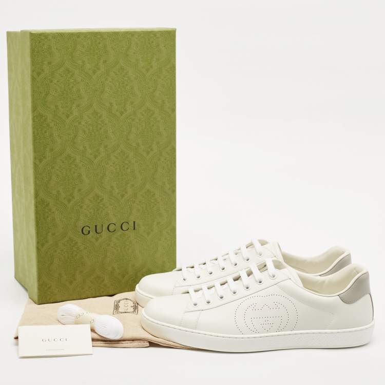 Pre Owned Gucci White/Grey Leather Perforated Interlocking G Ace Low Top Sneakers Size 44.5