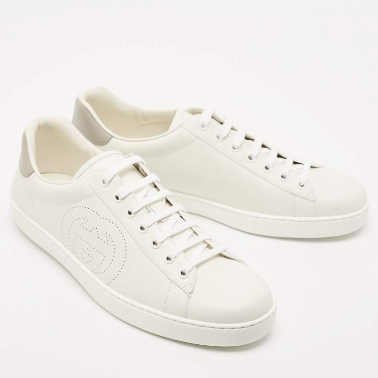 Pre Owned Gucci White/Grey Leather Perforated Interlocking G Ace Low Top Sneakers Size 44.5