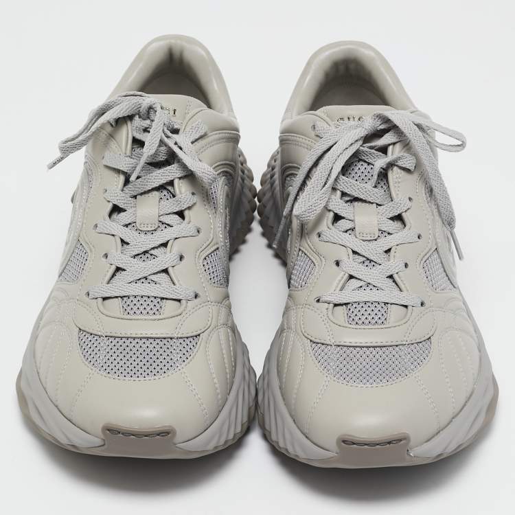 Pre Owned Gucci Grey Leather and Mesh Ripple Sneakers Size 44.5
