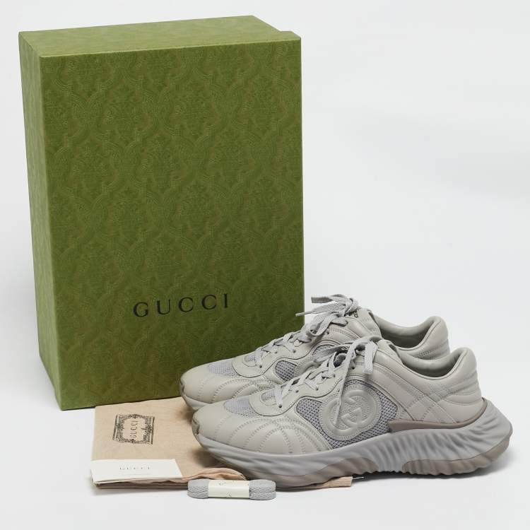 Pre Owned Gucci Grey Leather and Mesh Ripple Sneakers Size 44.5