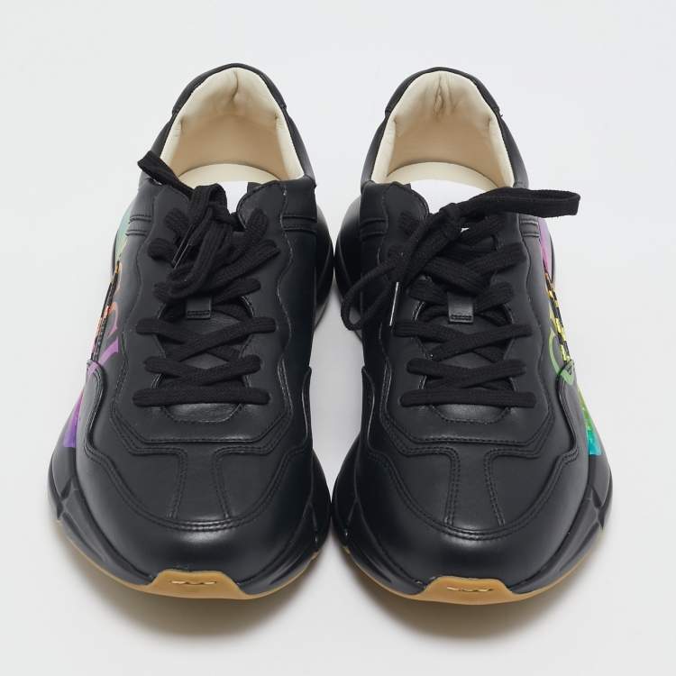 Pre Owned Gucci Black Leather Iridescent Logo Rhyton Sneakers Size 42.5