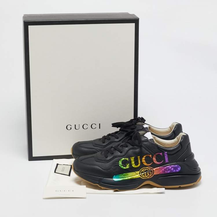 Pre Owned Gucci Black Leather Iridescent Logo Rhyton Sneakers Size 42.5