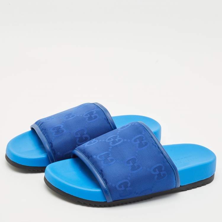 Pre Owned Gucci Blue Jumbo GG Nylon Slide Sandals Size 43