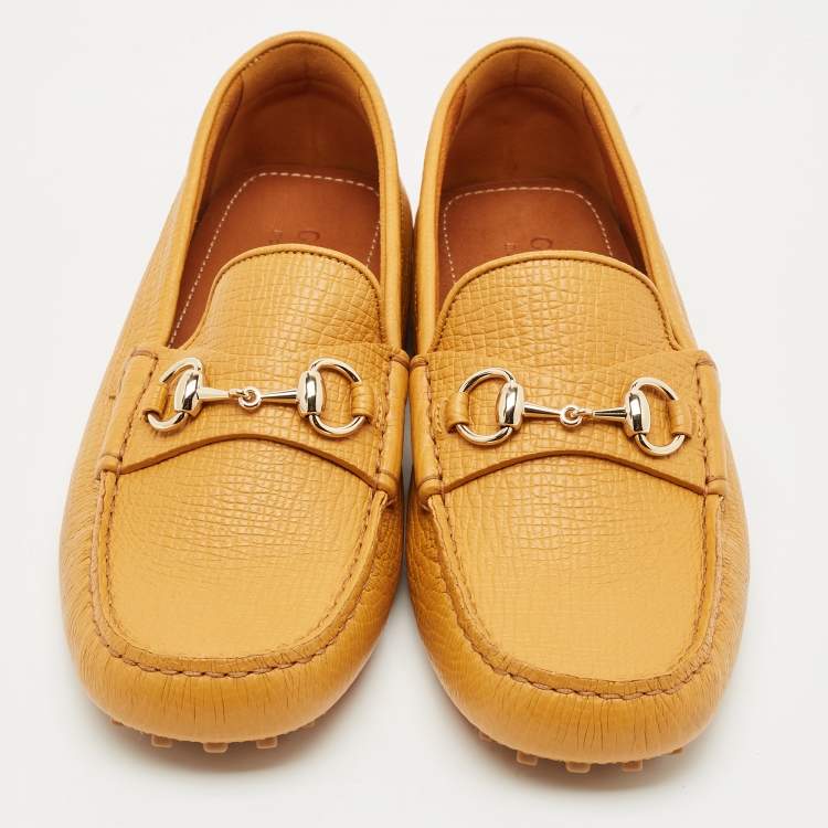 Pre Owned Gucci Mustard Leather Horsebit Driver Loafers Size 41.5