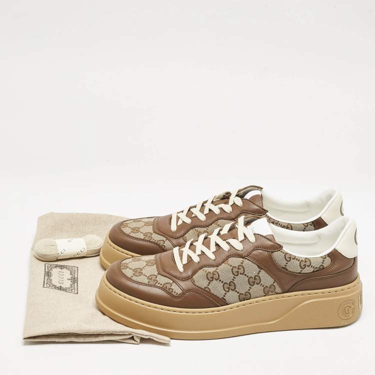 Pre Owned Gucci Brown/Beige GG Canvas and Leather Screener Low Top Sneakers Size 45.5