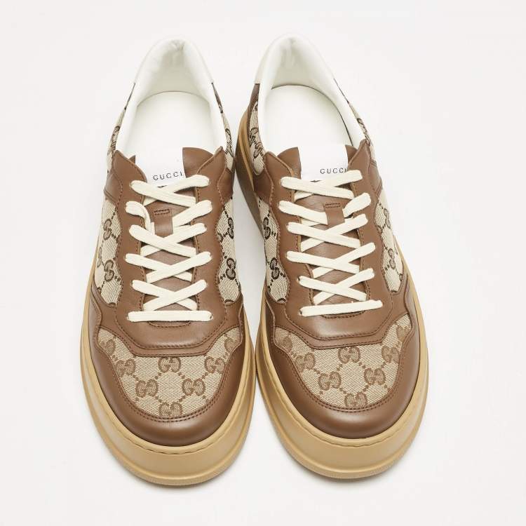 Pre Owned Gucci Brown/Beige GG Canvas and Leather Screener Low Top Sneakers Size 45.5