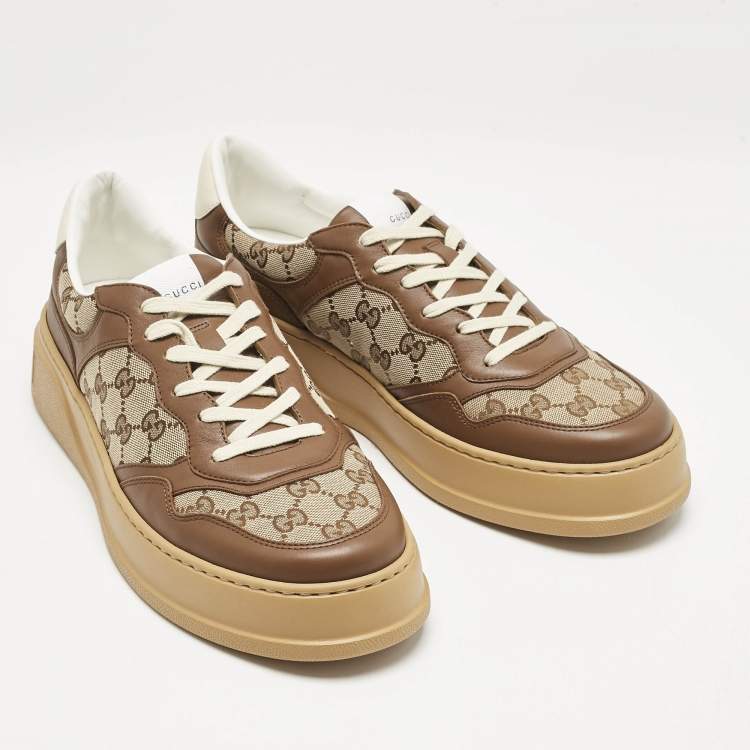 Pre Owned Gucci Brown/Beige GG Canvas and Leather Screener Low Top Sneakers Size 45.5