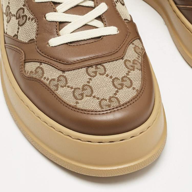 Pre Owned Gucci Brown/Beige GG Canvas and Leather Screener Low Top Sneakers Size 45.5