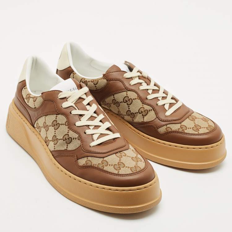 مملوكة مسبقًا Gucci Beige/Brown GG Canvas and Leather Chunky B Sneakers Size 44.5