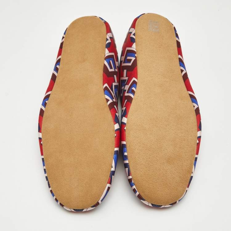 Pre Owned Gucci Red/Blue Geometric G Print Satin Smoking Slippers Size 48