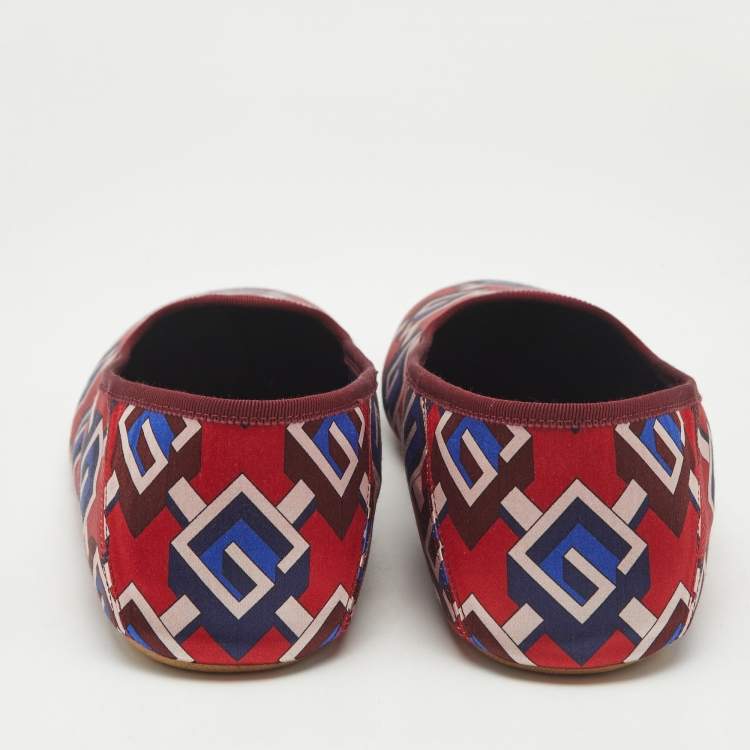 Pre Owned Gucci Red/Blue Geometric G Print Satin Smoking Slippers Size 48