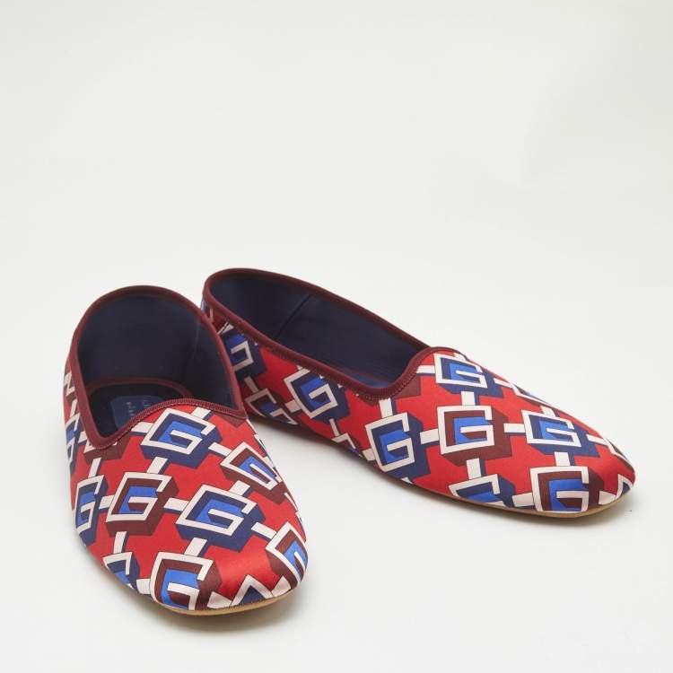 Pre Owned Gucci Red/Blue Geometric G Print Satin Smoking Slippers Size 48