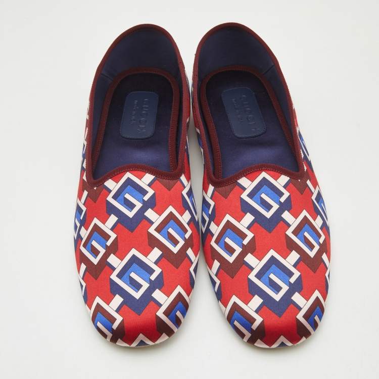 Pre Owned Gucci Red/Blue Geometric G Print Satin Smoking Slippers Size 48