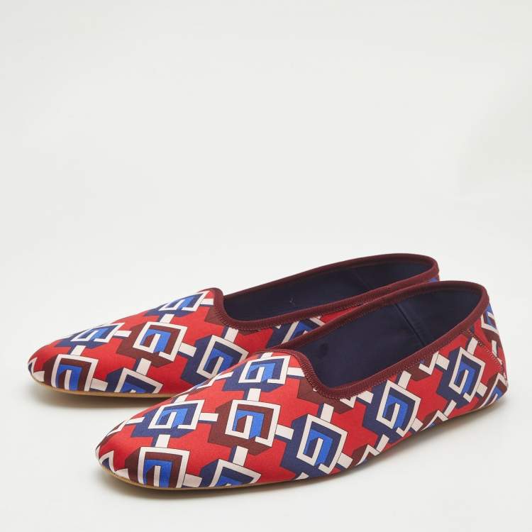 Pre Owned Gucci Red/Blue Geometric G Print Satin Smoking Slippers Size 48