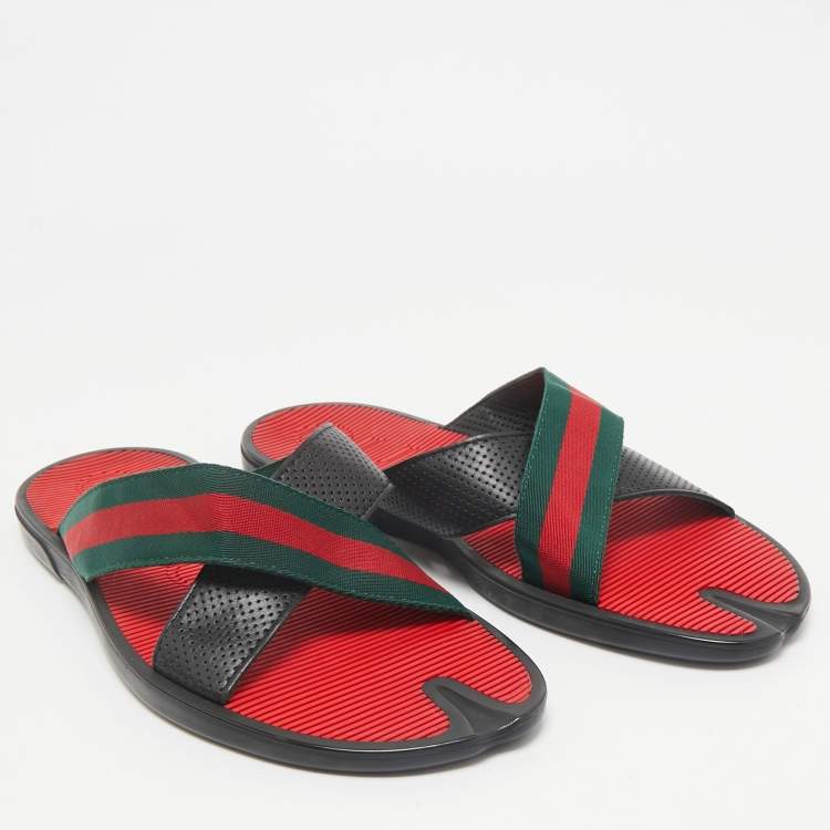 Pre Owned Gucci Black Leather And Web Tape Cross Strap Flat Slide Sandals Size 45