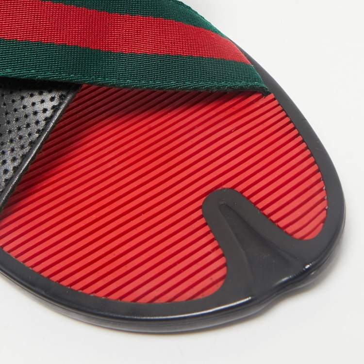 Pre Owned Gucci Black Leather And Web Tape Cross Strap Flat Slide Sandals Size 45