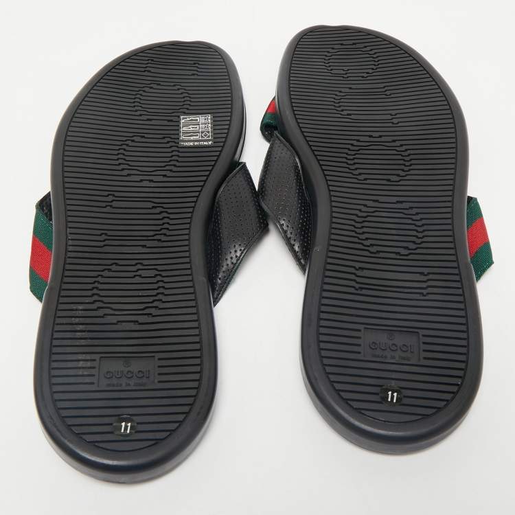 Pre Owned Gucci Black Leather And Web Tape Cross Strap Flat Slide Sandals Size 45