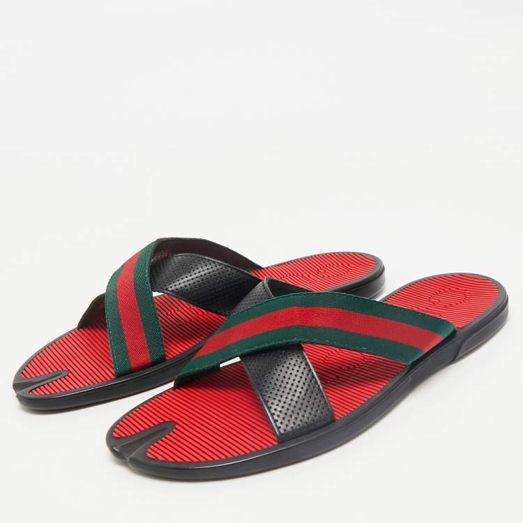 Pre Owned Gucci Black Leather And Web Tape Cross Strap Flat Slide Sandals Size 45