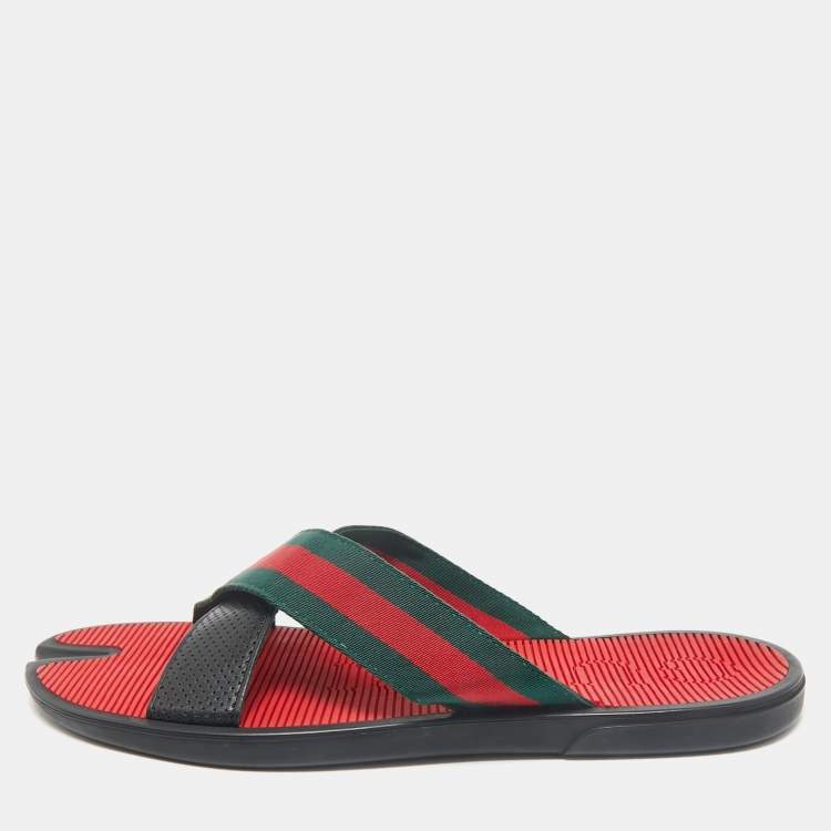 Pre Owned Gucci Black Leather And Web Tape Cross Strap Flat Slide Sandals Size 45
