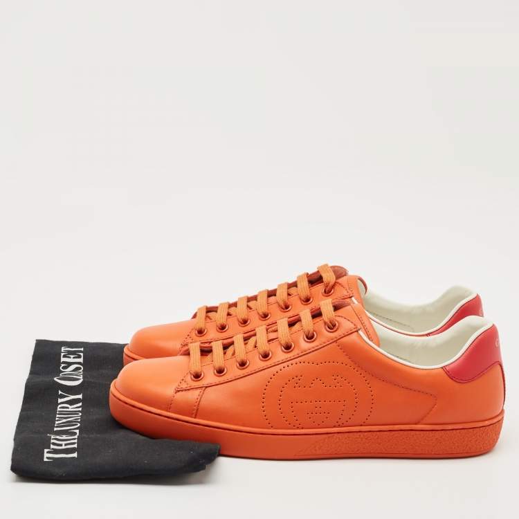 Pre Owned Gucci Orange Perforated Interlocking G Leather Ace Sneakers Size 40.5
