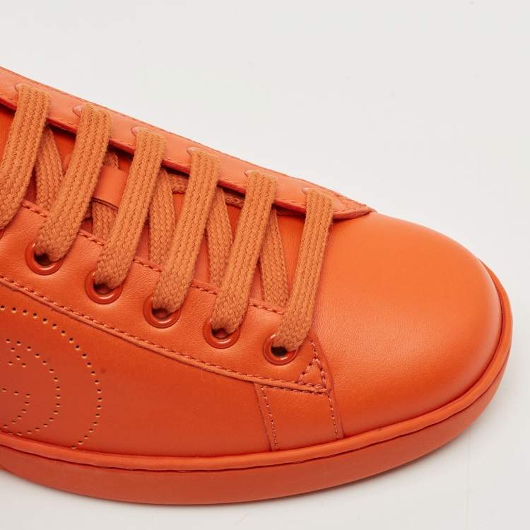 Pre Owned Gucci Orange Perforated Interlocking G Leather Ace Sneakers Size 40.5